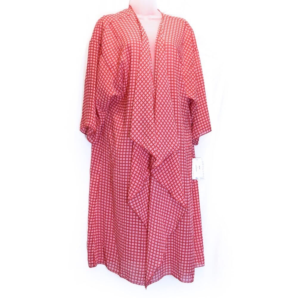LULAROE Size L Pink Red Chiffon Waterfall Front Kaftan Robe Cardigan Kimono